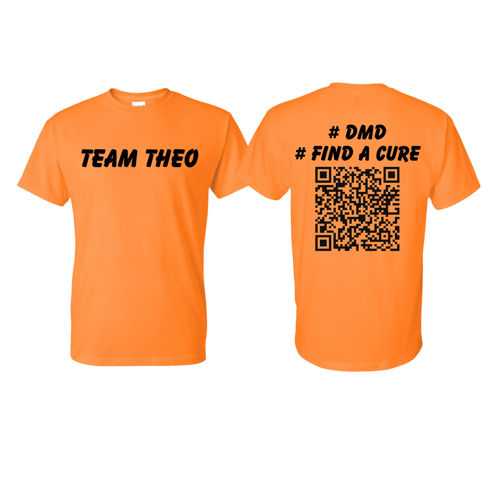 Orange t-shirt with 'Team Theo' on the front and '#DMD Find a Cure' with a QR code on the back.