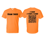 Orange t-shirt with 'Team Theo' on the front and '#DMD Find a Cure' with a QR code on the back.
