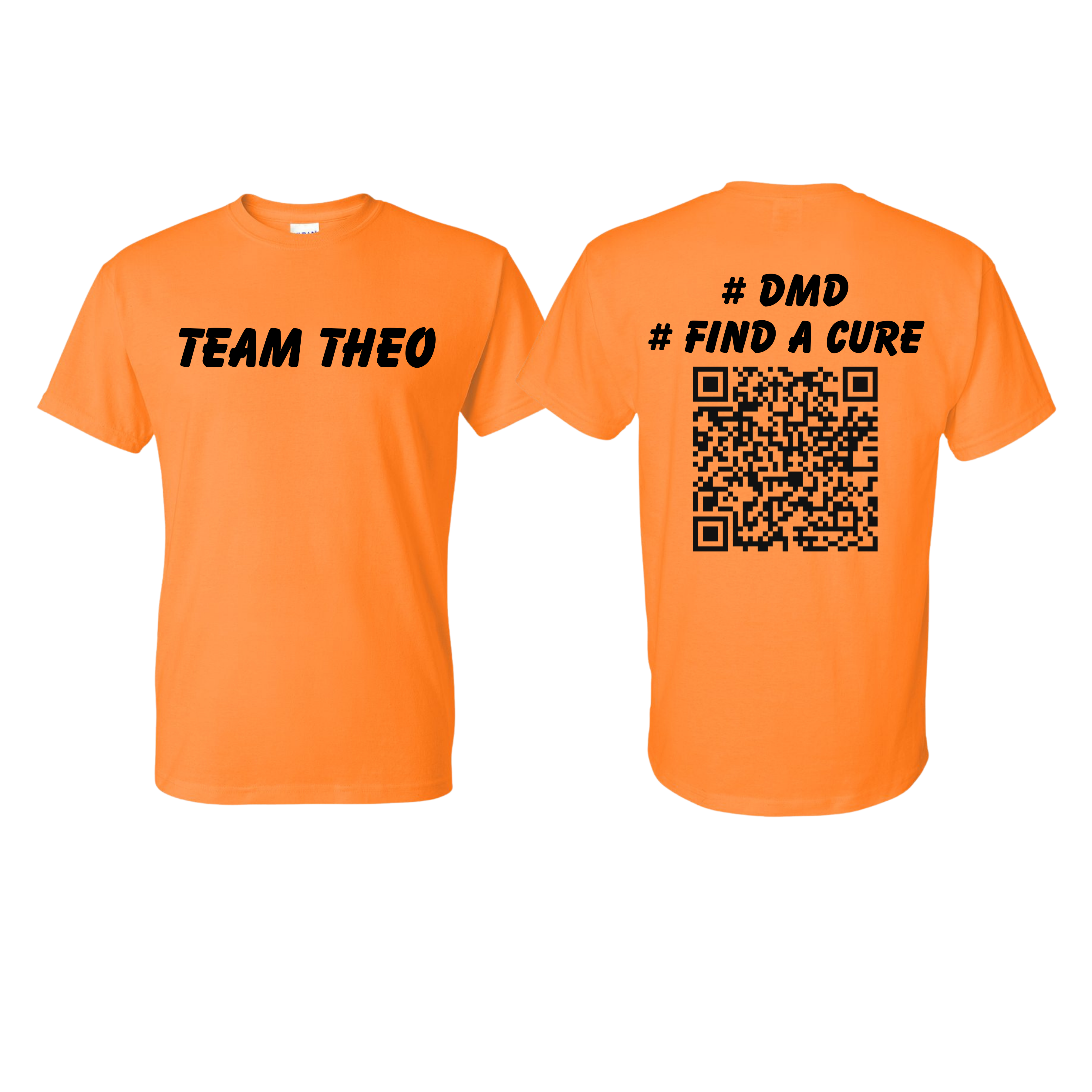 Orange t-shirt with 'Team Theo' on the front and '#DMD Find a Cure' with a QR code on the back.