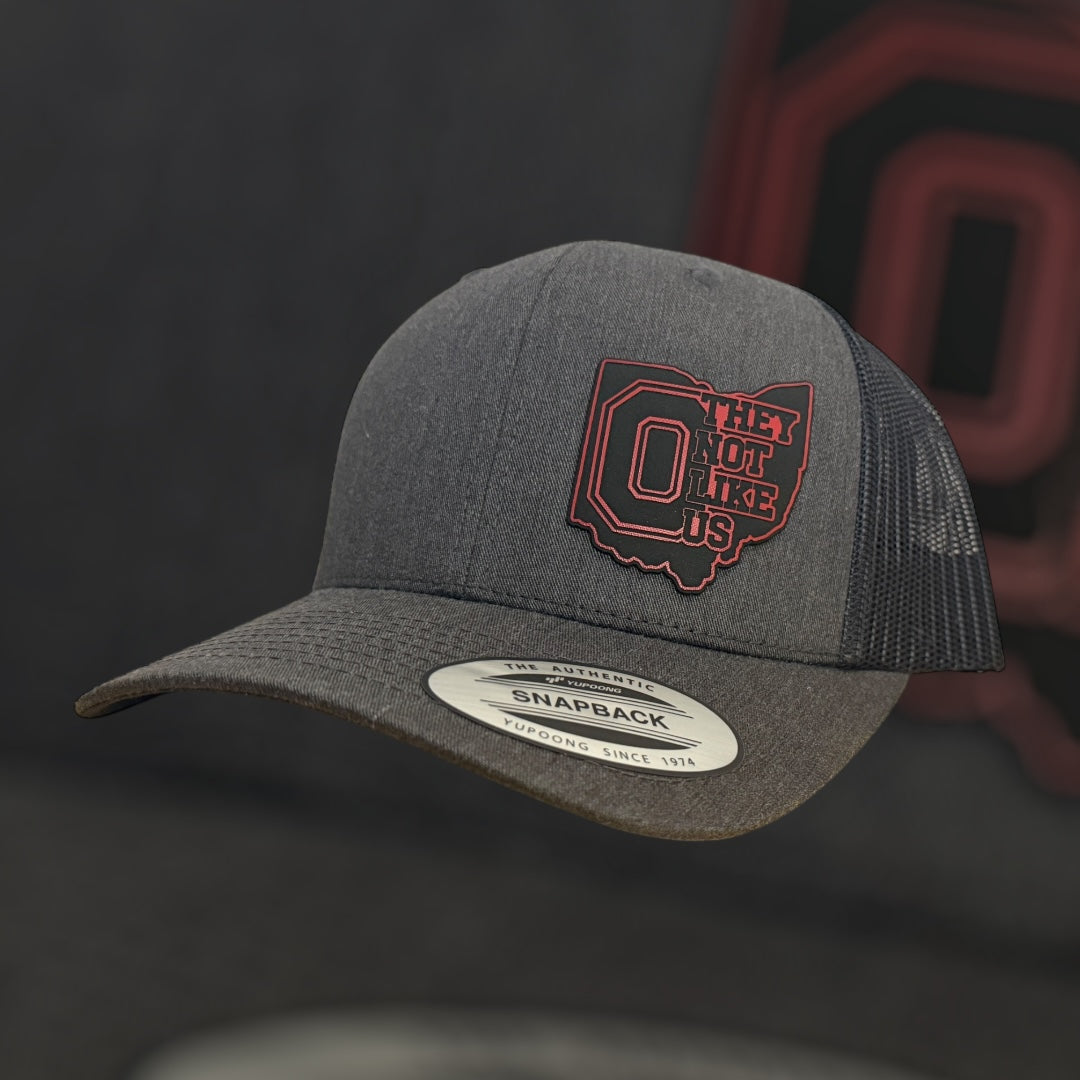 Gray snapback cap with red logo on a dark background