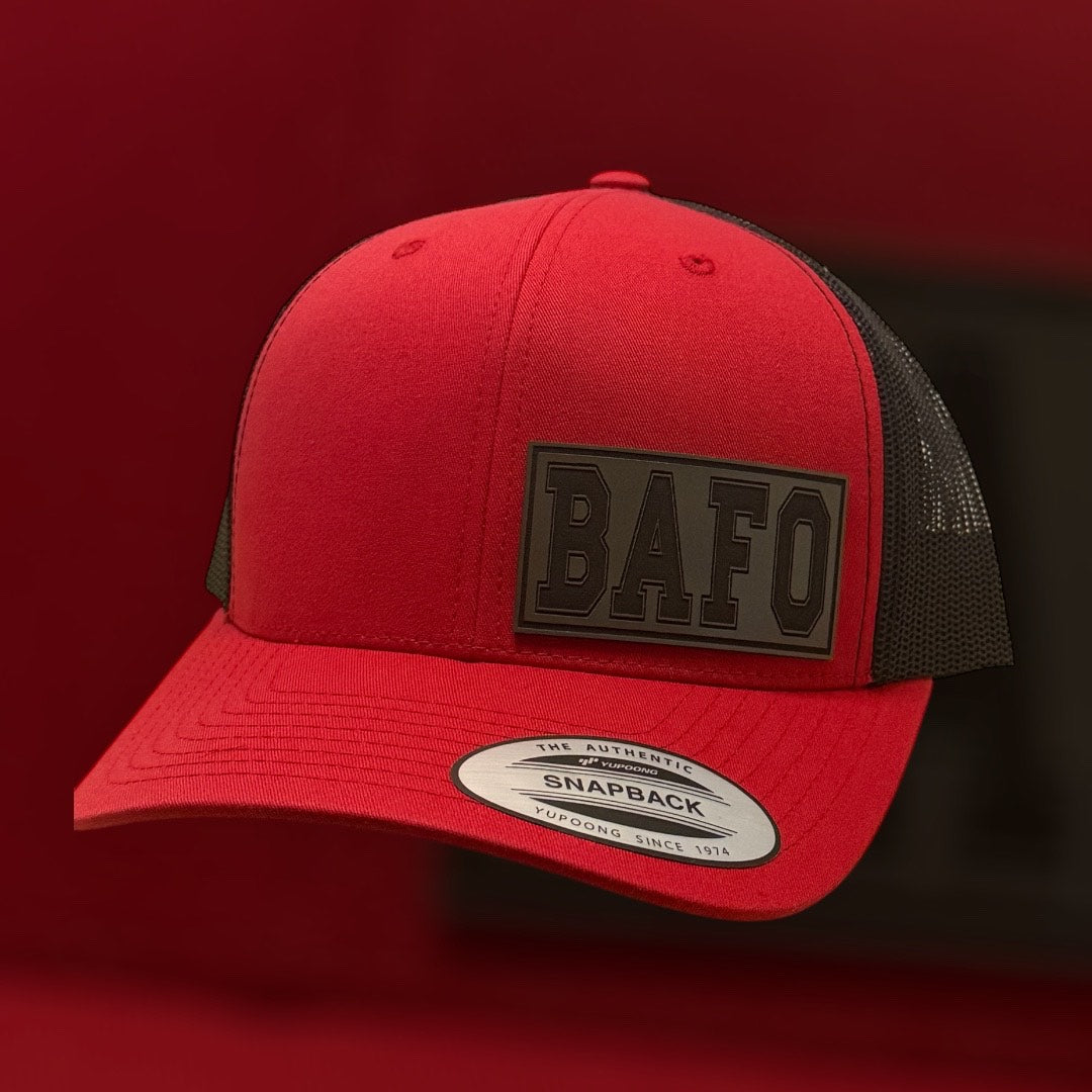 Red and black cap with 'BAFO' logo on a dark red background, Ohio State Buckeyes, Buck Around and Find Out