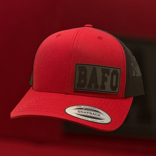 Red and black cap with 'BAFO' logo on a dark red background, Ohio State Buckeyes, Buck Around and Find Out